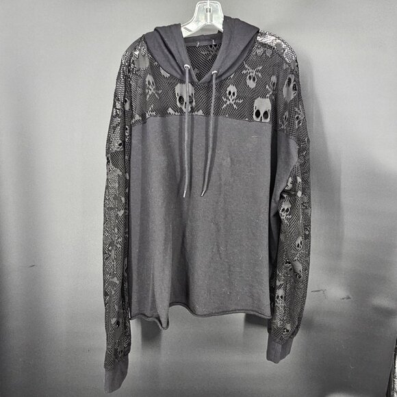 Skull Crossbones Mesh Hoodie Shirt Womens 2XL XXL Black Sheer Goth Punk Rock - Picture 4 of 13
